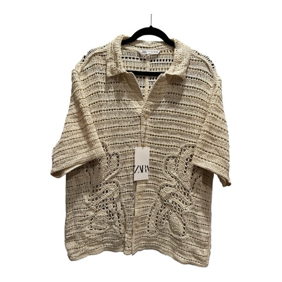 ZARA Oyster Floral Crochet Relaxed Fit Shirt Size M New - Picture 5 of 7